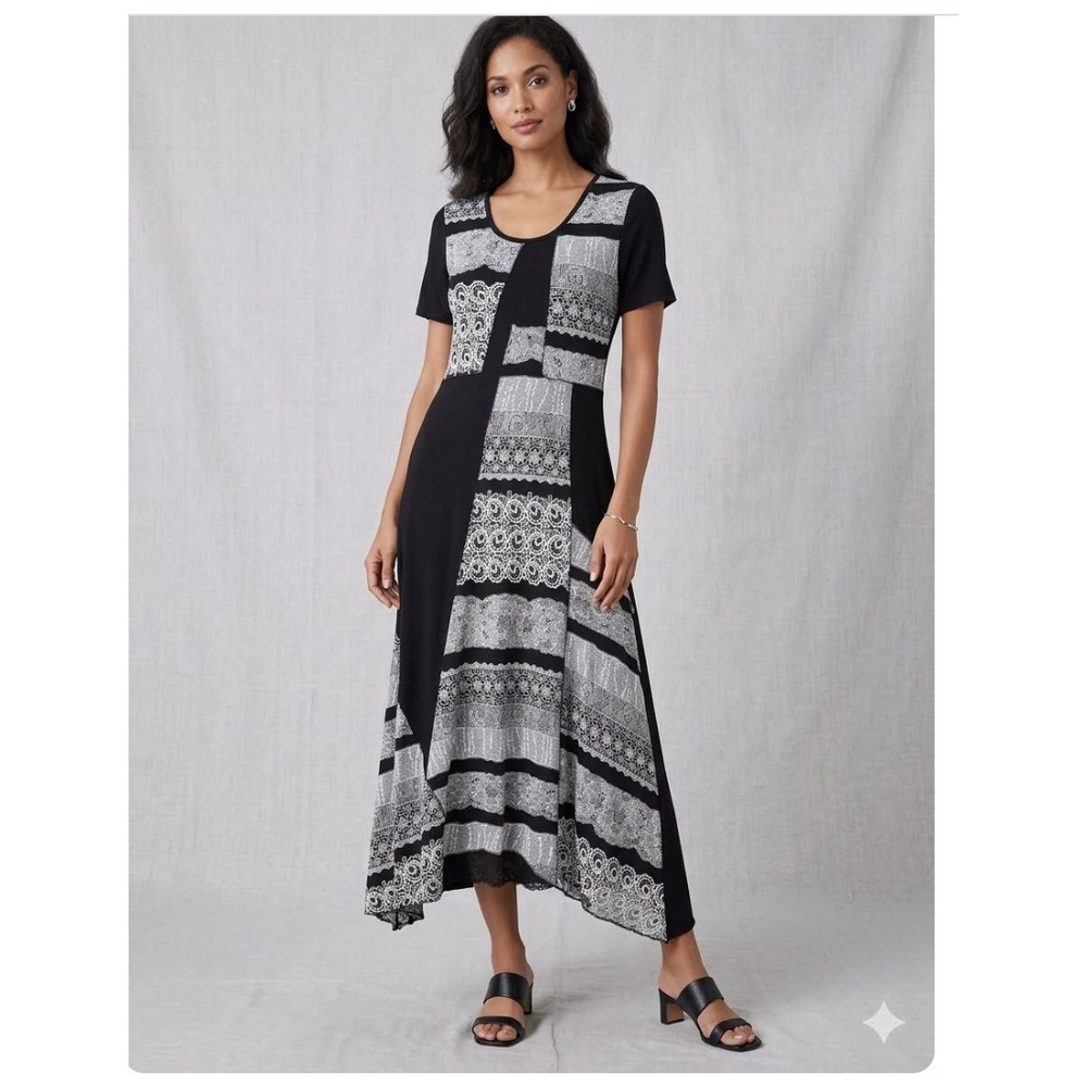 Calessa Maxi Dress Womens Sz L Black Patchwork Stretch Lightweight